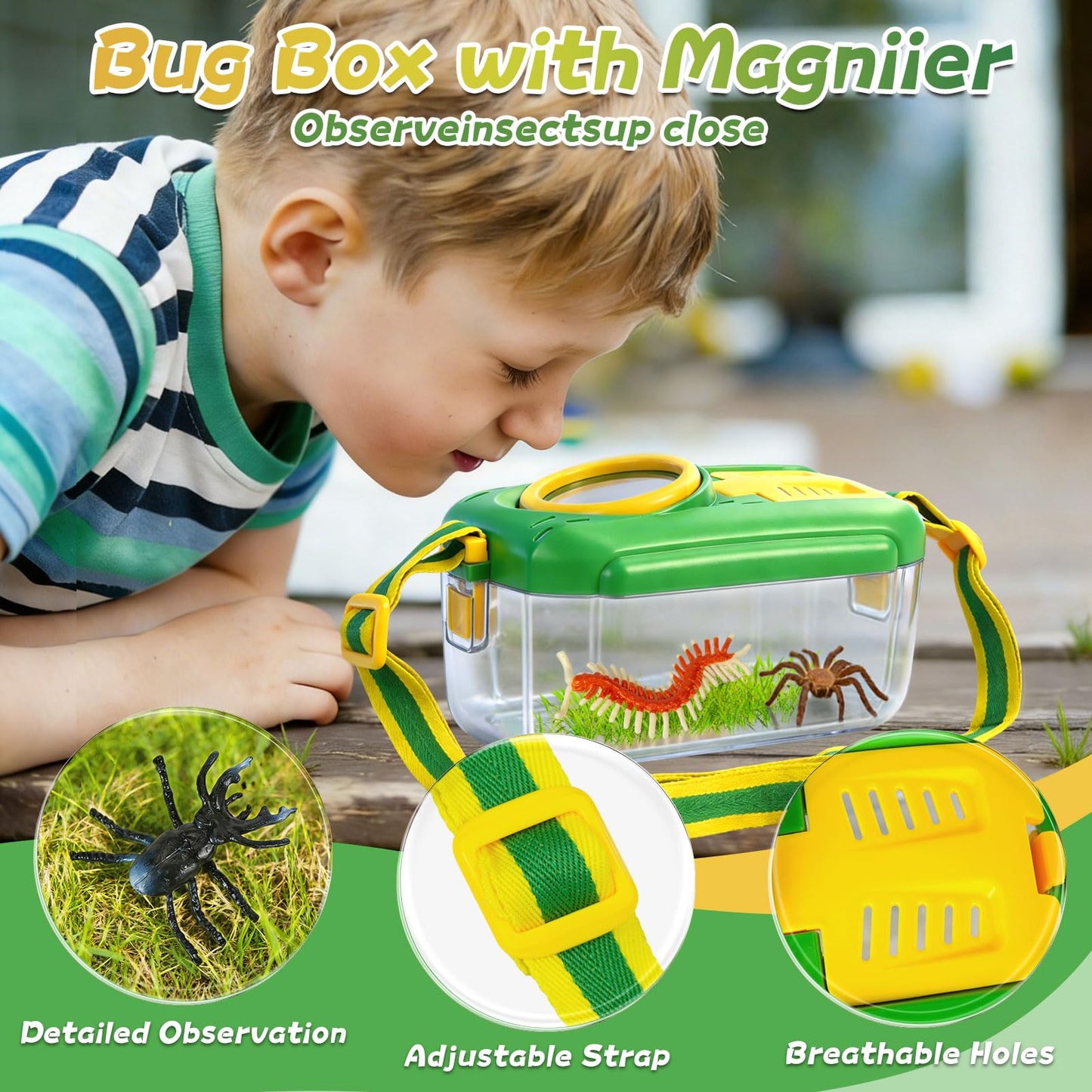 BLOOLILIES Bug Catcher for Kids, 28 PCS Outdoor Explorer Kit with Magnifier Glass Bug Collector Toy Butterfly Net Catcher Tweezers Insect Cognition Cards Outdoor Toys for Kids Ages 4-8 Boys Girls