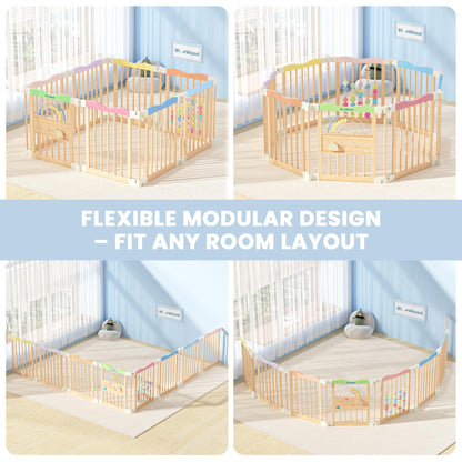 Foldable Wooden Baby Playpen - Adjustable Wood Play Yard, Indoor Large Safety Fence for Babies and Toddlers - Built-in Toys Design, 45 x 45 x 24 inches, Colorful Dream