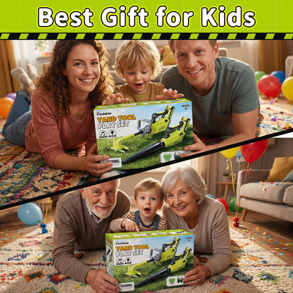 Pandapop Kids Gardening Tools Set, 2 In 1 Kids Leaf Blower & Toy Lawn Mower with Sounds & Lights, Kids Tool Set with Belt & Gloves, Outdoor Play Toy Tools, Christmas Birthday Gifts for Boys 3 4 5 6 7+