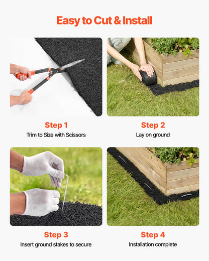 VEVOR Rubber Mulch Mat Roll, 4 Rolls 120 x 4.5 in, Recycled Rubber Permanent Mulch Edging Border, Natural-Looking Flower Barrier with Stakes, 0.5 in Thick Cuttable Garden Edgings for Landscaping