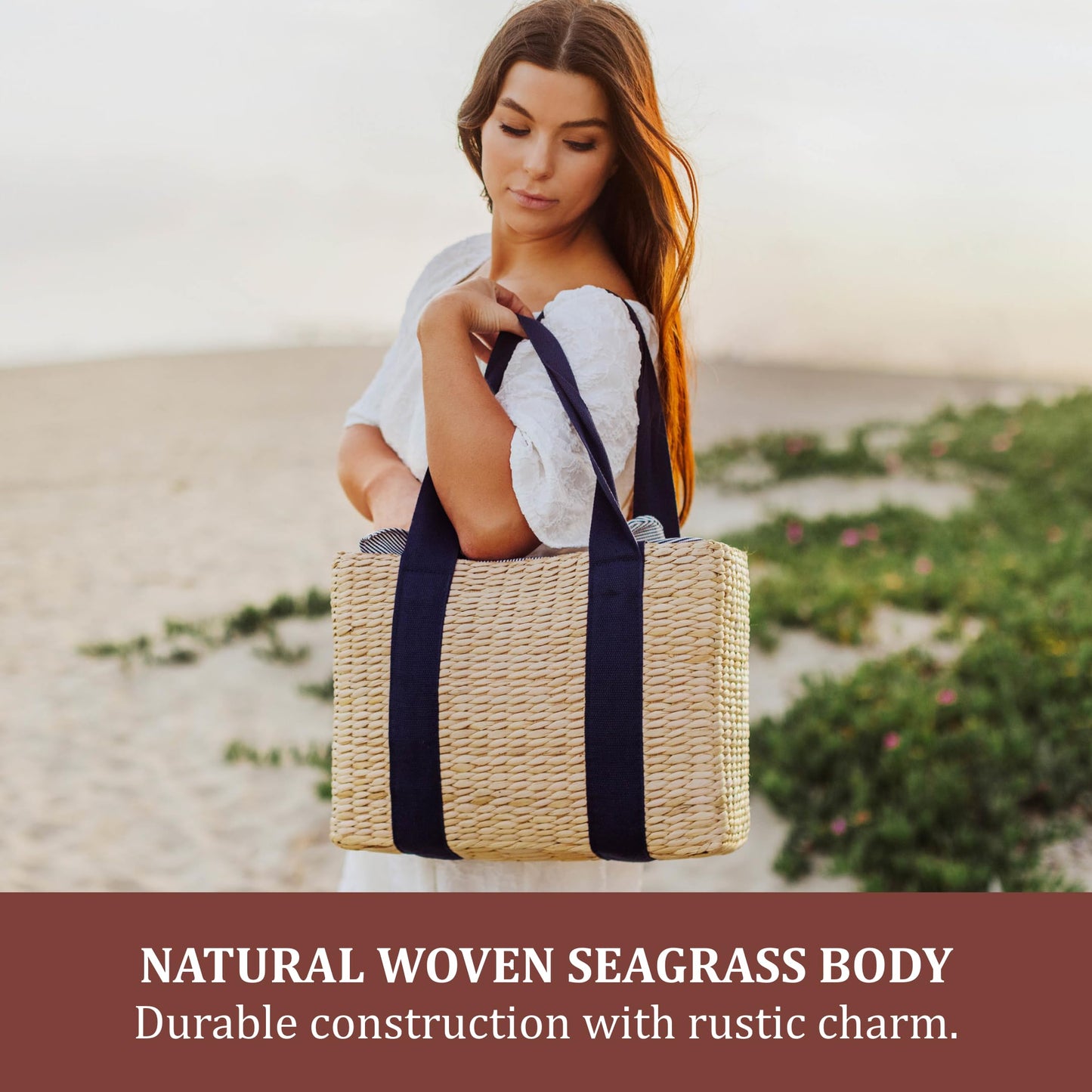 Picnic TIME Parisian Picnic Basket, Insulated Seagrass Picnic Basket, Waterproof, Stylish, Perfect for Picnics, Beach, Office Lunches, Dinner Parties, and Gifts (Beige with Navy Blue Accents)