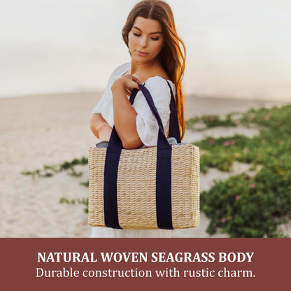 Picnic TIME Parisian Picnic Basket, Insulated Seagrass Picnic Basket, Waterproof, Stylish, Perfect for Picnics, Beach, Office Lunches, Dinner Parties, and Gifts (Beige with Navy Blue Accents)