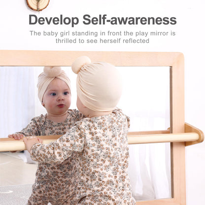 KRAND 3-Position Montessori Shatterproof Safety Baby Mirror w/Pull Up Handrail, Infant Coordination Mirror Set, Kid's Classroom Furniture for Nursery, Daycare, Homeschool or Preschool (Natural Pura)