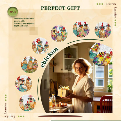 Leatrice 8PCS Chicken Diamond Art Coasters Small Diamond Painting Kits for Adults Diamond Dots Round Full Drill Diamond Coasters with Holder Easy Art Crafts for Beginners Kitchen Decro