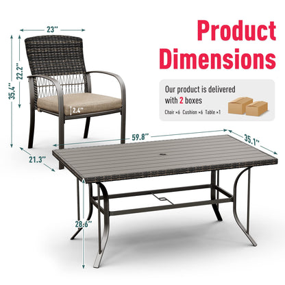 Pamapic 8504 Patio Dining 7 Piece, Outdoor Wicker Furniture Set for Backyard Garden Deck Poolside/Iron Slats Table Top, Removable Cushions, 7 Pack, Beige