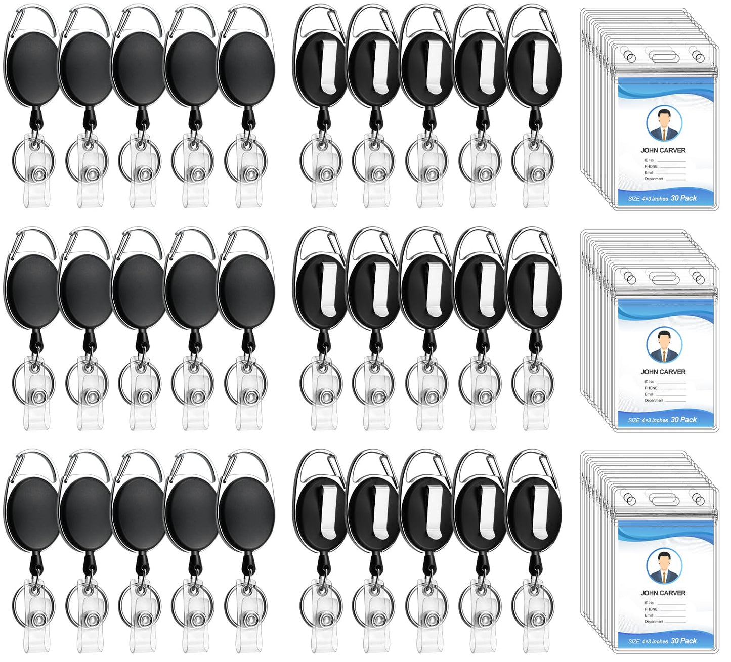 30 Pack Heavy Duty Retractable Badge Reel with Waterproof Vertical Name Badge ID Card Holders and Key Ring for Card Keychain Badge Holder