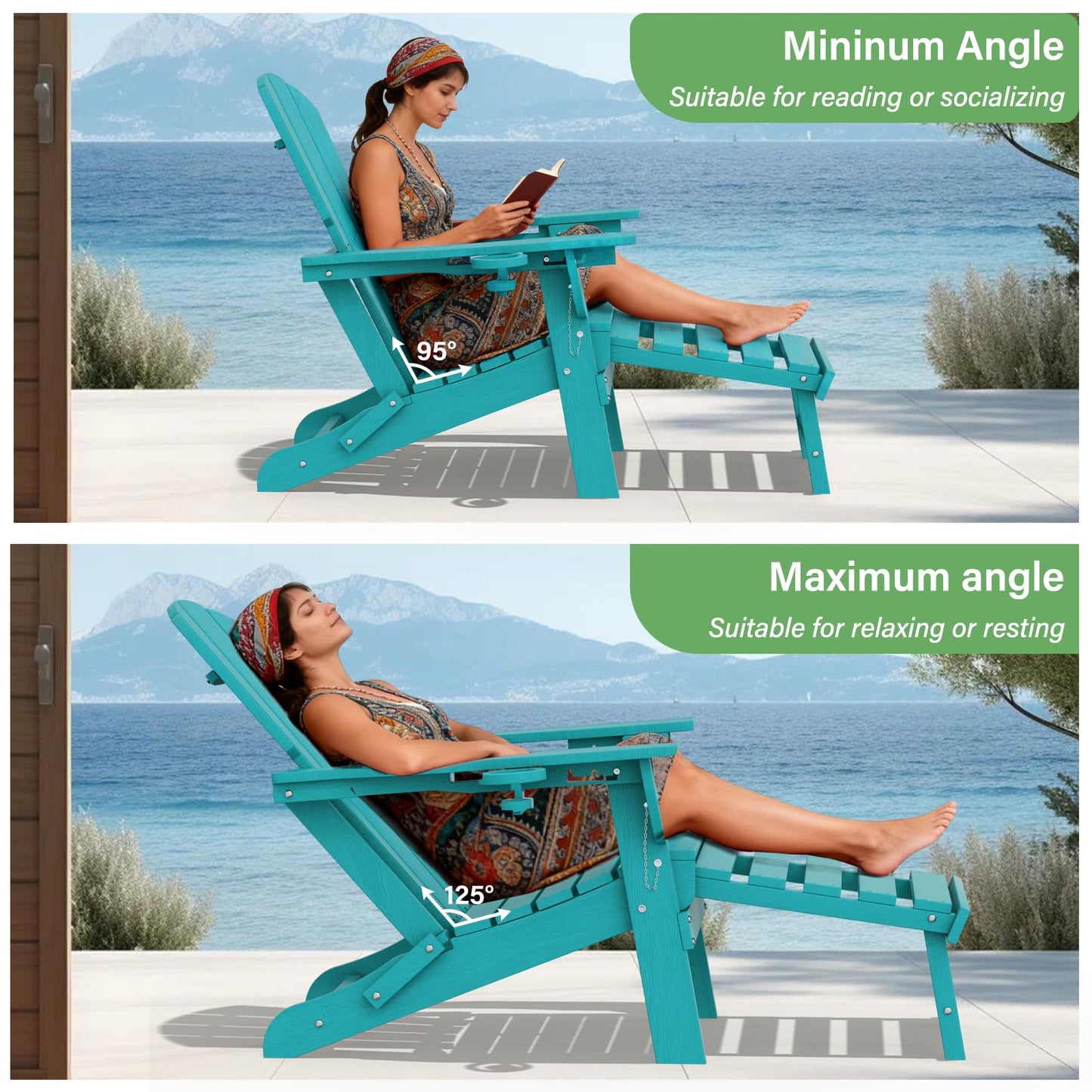 LOUNZY Folding Adjustable Adirondack Chair with Retractable Ottoman, HDPE Recliner Adirondack Chair with Cup Holder for Deck Lawn Fire Pit, Aruba