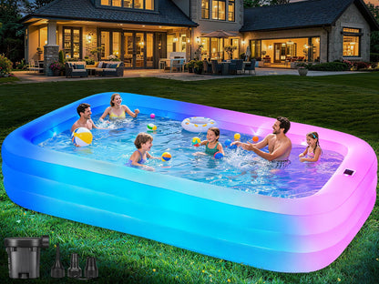 Large Inflatable Pool for Adults,130" x 72" x 22" Thickened Blow Up Pool with Lights & Pump, 7 Color Changed Durable Above Ground Family Swimming Pool for Backyard Outdoor Garden