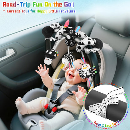 Zendstanding Spiral Car Seat Toys for Babies, 0-6 Months Stroller Pram Activity Hanging Toys High Contrast Black and White Sensory Toy, Newborn Soft Plush Travel Toy for Newborn Boys Girls Gift