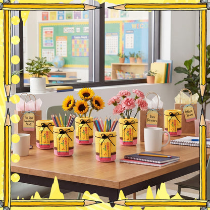 Rivvlive 6 Set Crochet Teacher Appreciation Gift Pencil Holder with Positive Card Classroom Desk Stationery Storage Organizer Thank You Gifts for Teachers Educator Staff Office School Supplies