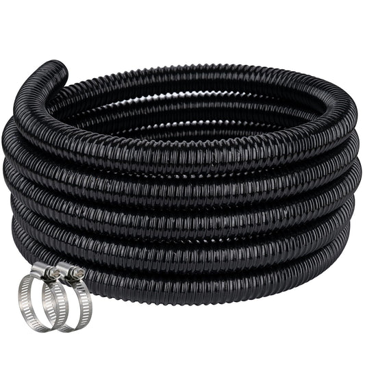 Pond Hose ID 1/2” × 25ft Black Corrugated Flexible Reinforced PVC Hose Vinyl Tubing for Pond Pump Fountain Garden Waterfall, Non-toxic & Kinkproof, with 2 clamps