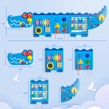 Spacocld Crocodile Sensory Toys Activity Wall Panels - Montessori Busy Board, Toddler Learning Panel, Wall-Mounted Playroom/Daycare Educational Toys, Interactive Wooden Gift for Kids 3-6, Blue