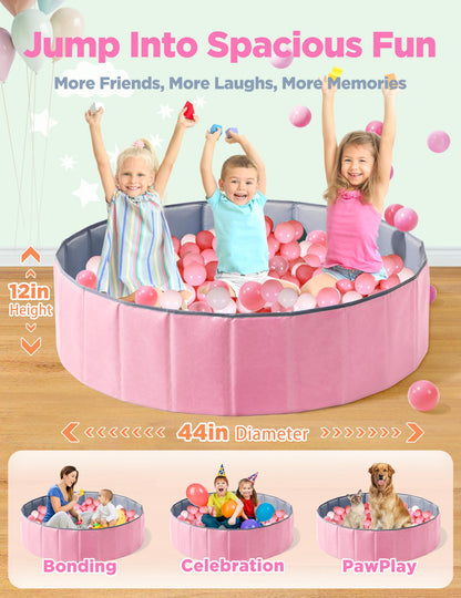 Hikiddy Large Ball Pit for Toddlers - 44 in Baby Ball Pit with Pop-Up Playmat, Foldable Kids Ball Pool, Dog Play Pit, Indoor and Outdoor Use, Hold Over 1000 Balls, Balls Not Include (Pink)