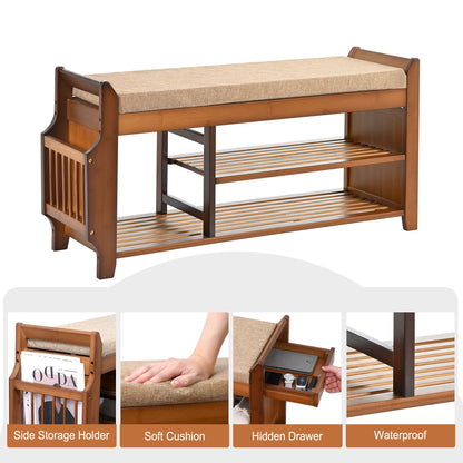 PETKABOO Shoe Bench with Hidden Drawer and Side Holder, 2 Tier Entryway Bench with Storage 39.4 in, Bamboo Shoe Rack with Cushion for Entryway Hallway Living Room Bedroom