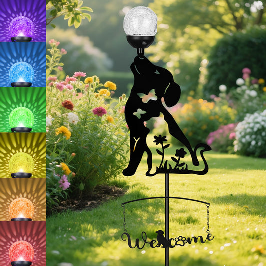 GIBMIDSER Solar Dog Light Outdoor Decorative,Metal Black Dog&Cat Silhouette Solar Garden Stake,Multi-Colored Changing Glass Ball with LED Light,Welcome Yard Sign Lawn Ornament Decor Gifts for Women