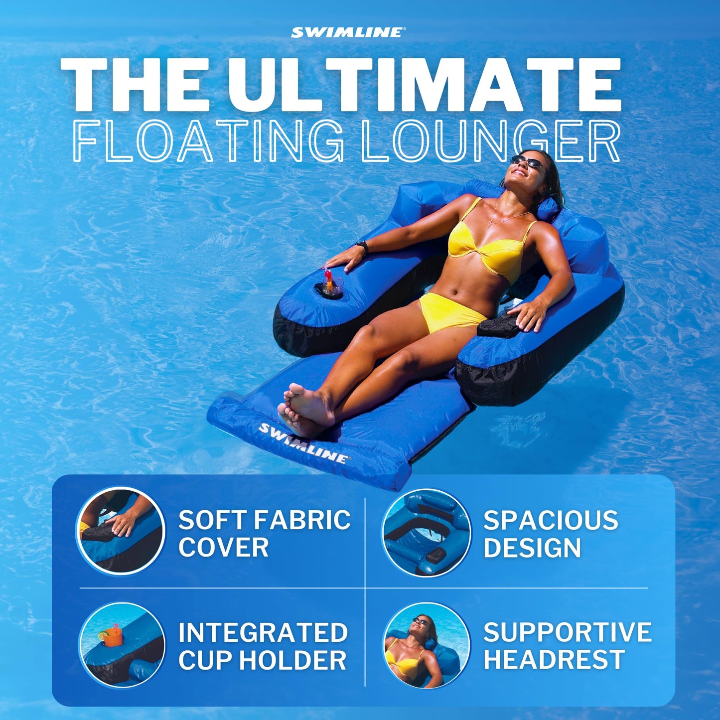 SWIMLINE ORIGINAL Fabric Covered Pool Float Mattress Ultimate Lounger Raft For Adults & Kids | Back, Leg, & Arm Rests, Cup Holder, & Quick-Dry Cover For Adult Or Kid Floating & Lounging 9047