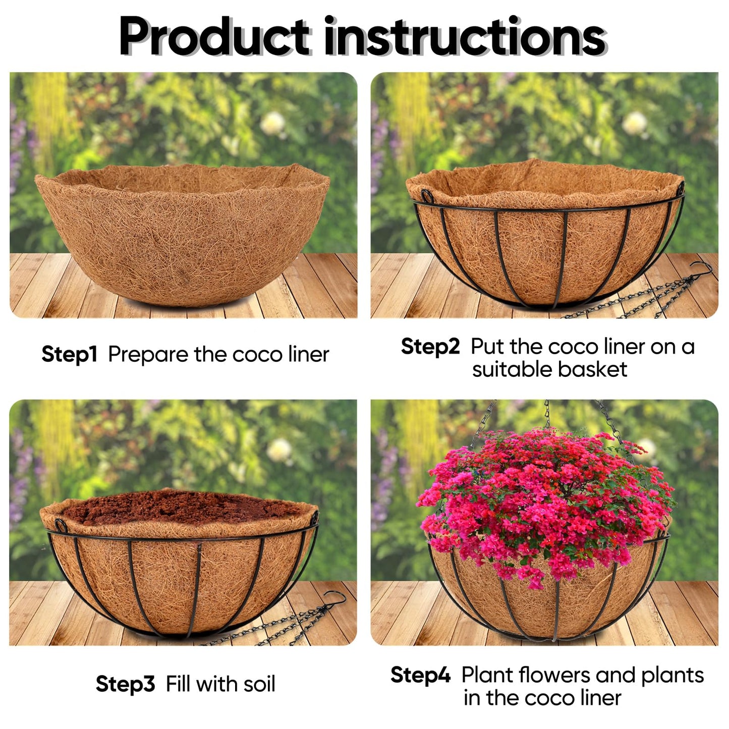 HKZ Hanging Basket Planter Plants Outdoor - 4 Pack 12 Inch Metal Hanging Planter with Coco Liners, Chain Hook Hanging Flower Pots for Indoor Outdoor Garden Porch Decoration