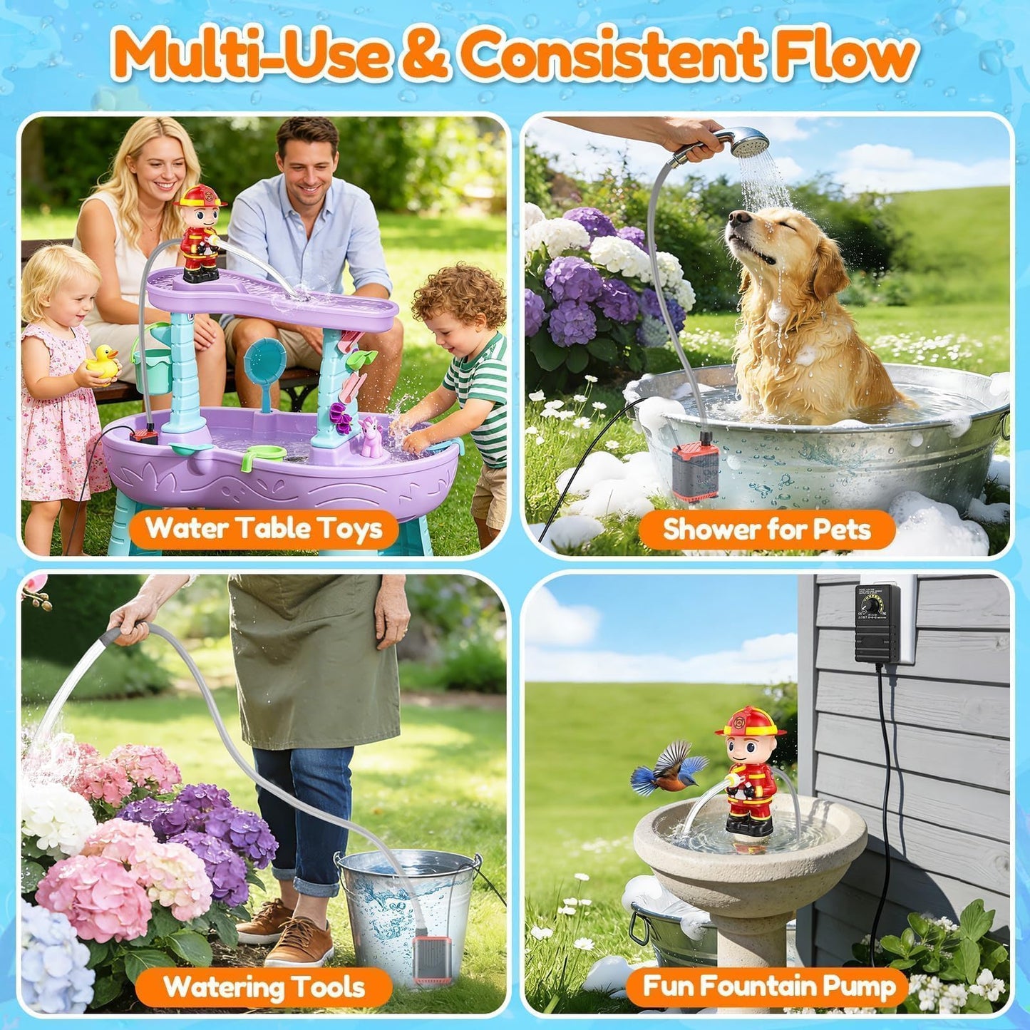 Water Table Pump Kids Toys: Firefighter Water Table Pump Continuous Flow Adjustable Water Pressure 12V Safe Plug-in Long Cord No Drilling Kids Outdoor Water Play Toys Accessories for Toddlers 1-3 4-8