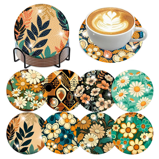 Reivworl 8 Pcs Flowers Diamond Art Coasters Kits, Flowers Diamond Art Kits for Adults, 5D Diamond Painting Coasters (4x4 Inch, with Holder Cork Pads)