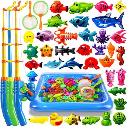 CozyBomB™ Magnetic Fishing Toys Game Set for Kids | Water Table Bathtub Kiddie Pool Party Pole Rod Net, Outdoor Plastic Floating Fish, Toddler Bath Color Ocean Sea Animals Birthday Gift Age 3-5 6 4-8