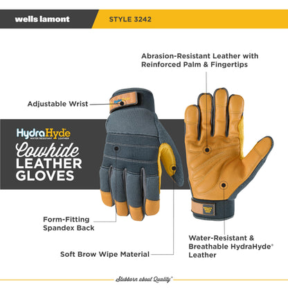 Wells Lamont Men's HydraHyde Work Gloves – Cowhide Leather, Reinforced Fingertips for Durability – Adjustable Velcro Wrist – Ideal for Gardening, Landscaping, Lawn Care – Navy - L