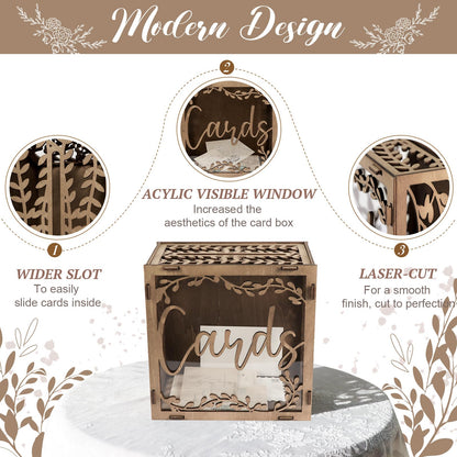 OurWarm Wedding Card Box with Window, Brown Wooden Box Wedding Decorations for Reception, Money Index Card Box for Weddings Bridal Shower Rustic Weddings Decor Party Decorations