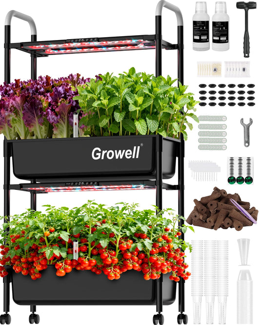 Growell Large Hydroponics Growing System Kit, Vertical Indoor Herb Garden Kit with LED Grow Light & Independent Water Pump, 28L Movable Indoor Planter Perfect Gardening Gifts (2 Tier-54 Pods Black)