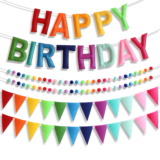 6.3 Inch Large Felt Happy Birthday Banner - Pre-Strung Rainbow Fabric Garland, Reusable Happy Birthday Sign for All Ages Party Decorations (Rainbow)