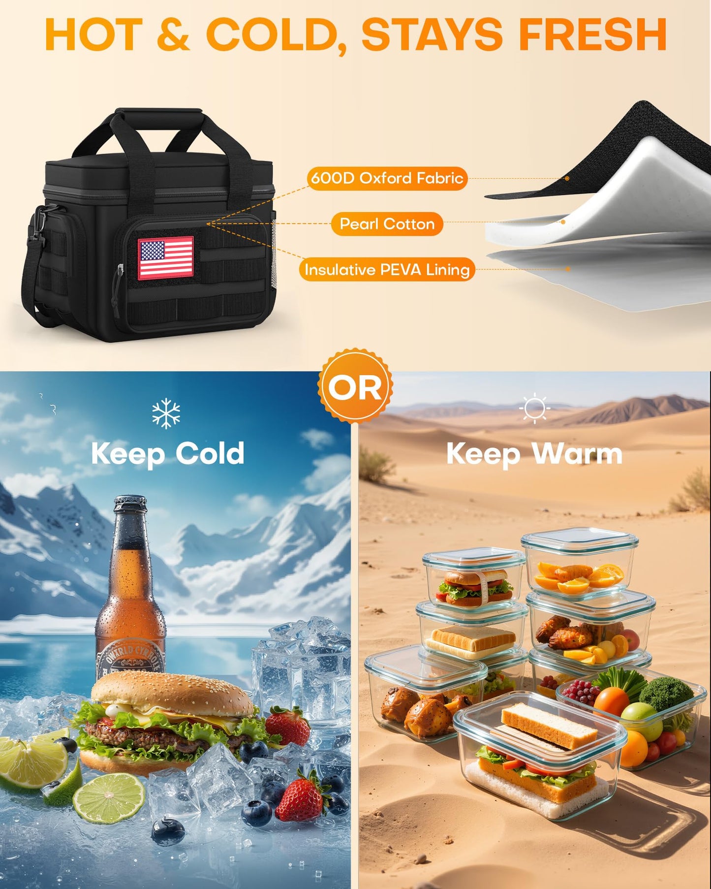 HOTOR Lunch Box for Men & Women - Insulated Lunch Bag with Multiple Pockets, Tactical Cooler Bag for Work, Hiking, Camping, Fishing, Travel, Black, 11.0" x 8.3" x 7.1"