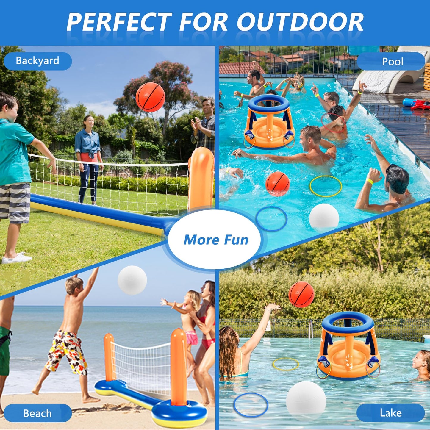 Jasonwell Pool Toys Games Set - 3 in 1 Pool Volleyball Net Basketball Hoop Ring Toss Game Inflatable Floats Water Floating Volleyball Swimming Pools Games Party Gift for Kids Adults (Orange&Blue, XL)