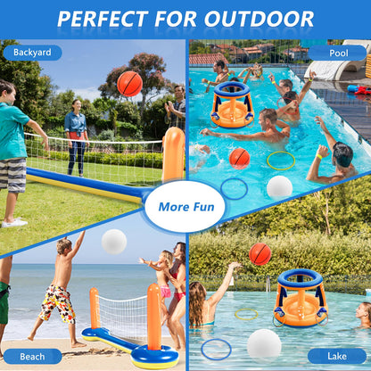 Jasonwell Pool Toys Games Set - 3 in 1 Pool Volleyball Net Basketball Hoop Ring Toss Game Inflatable Floats Water Floating Volleyball Swimming Pools Games Party Gift for Kids Adults (Orange&Blue, XL)