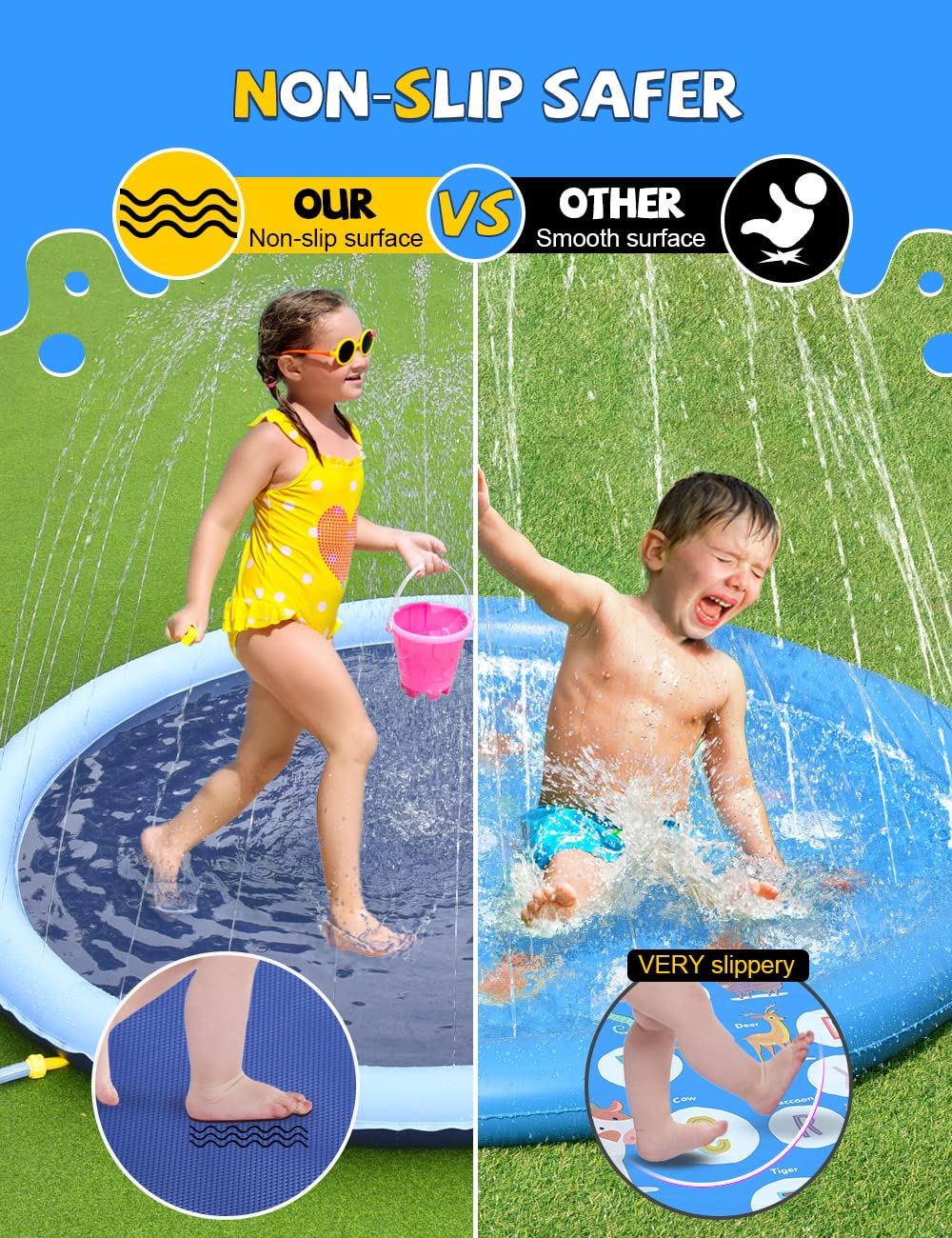 VISTOP Non-Slip Splash Pad for Kids and Dog, Thicken Sprinkler Pool Summer Outdoor Water Toys - Fun Backyard Fountain Play Mat for Baby Girls Boys Children or Pet Dog (97 inch, Red&Yellow&Green&Blue)