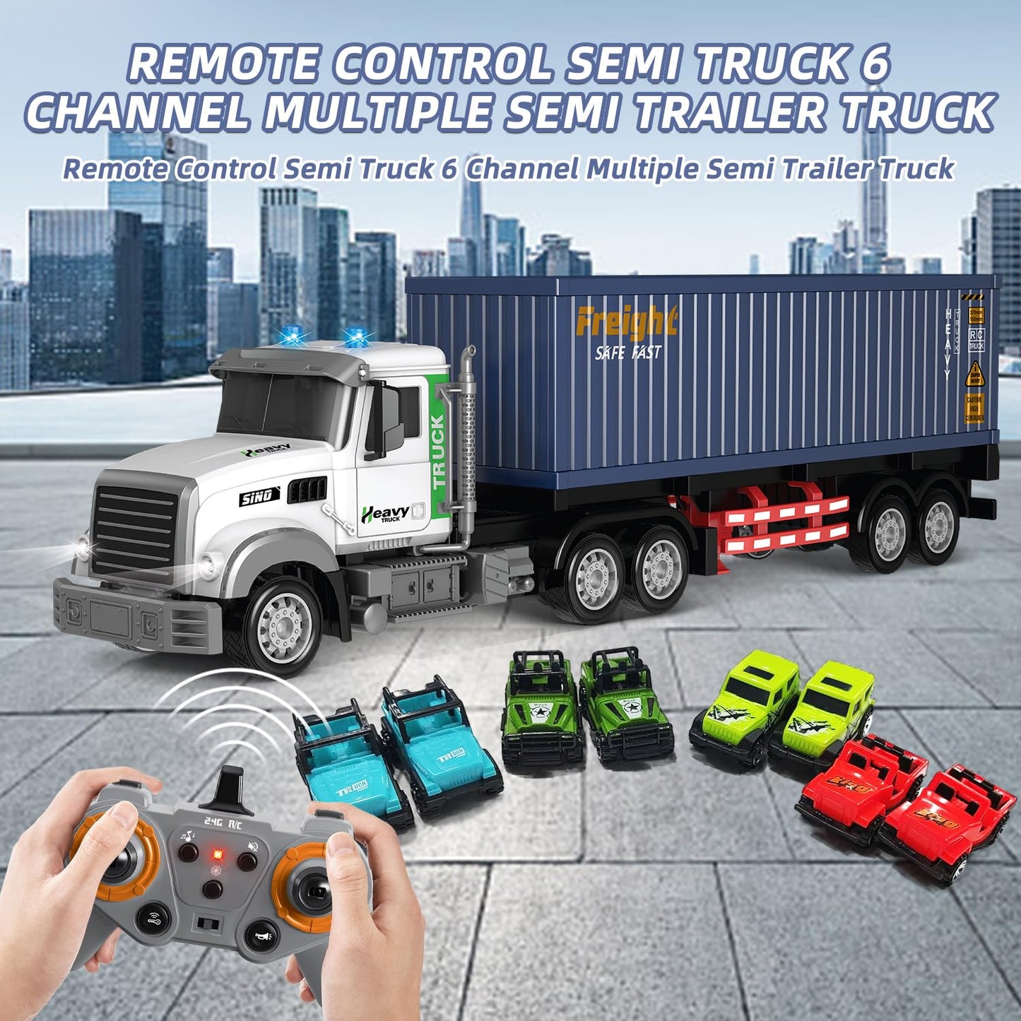 Mostop RC Semi Truck with Trailer, 23.6 Inch Remote Control Semi Truck Toy for Kids 3-8, 1:24 Scale Container Carrier Transport Vehicle with 2 Batteries, LED Lights & Sounds, Birthday Gift for Boys