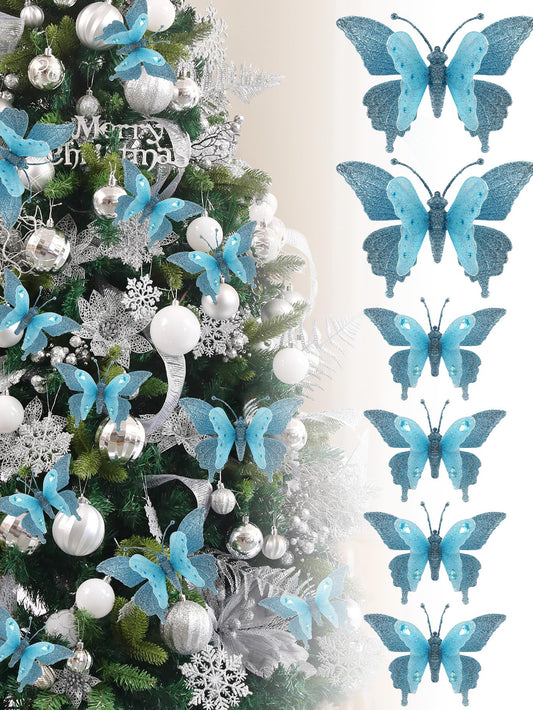 3D Glitter Christmas Butterfly Ornaments, 6 Pack Hanging Butterfly with Clip for Christmas Tree Decoration, Indoor Christmas Decoration (6, Blue &Diamonds)