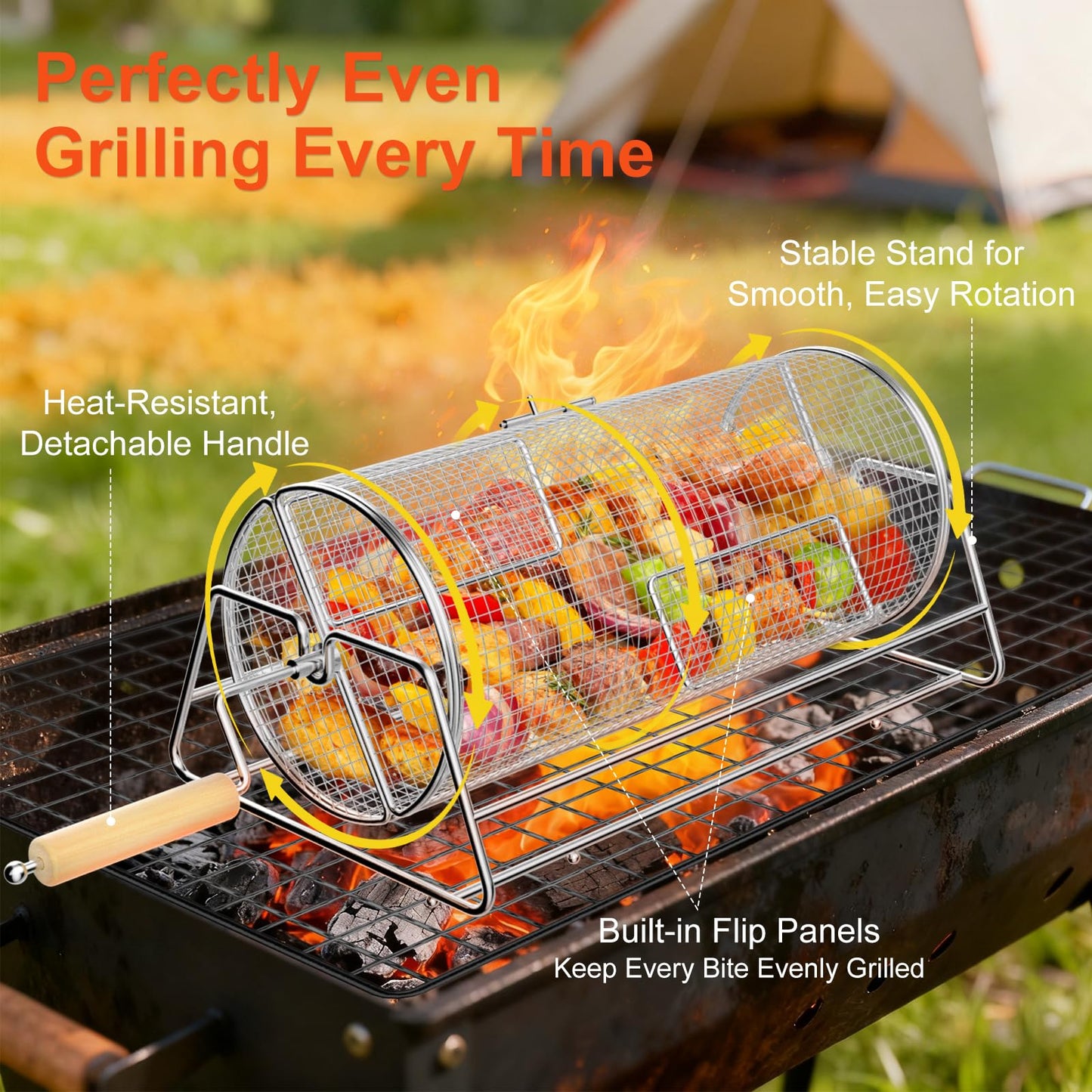 2-in-1 Rotatable Rolling Grill Basket, 304 Stainless Steel, with Removable Wooden Dual Handles & Rotating Stand, BBQ Accessories Tools for Vegetables Shrimp, Gifts for Birthday/Men/Dad/Husband