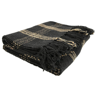 Plaid Black & Tan Fringed Woven Cotton Blend Throw