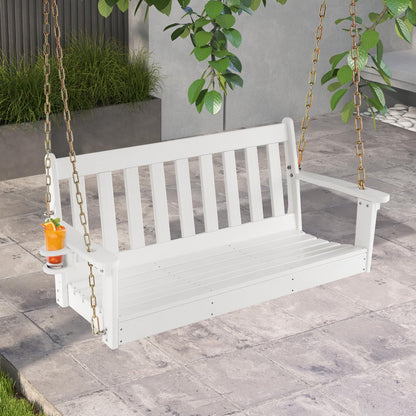 Tangkula 2 Person Hanging Porch Swing, Outdoor Bench Swing with Adjustable Chains, Hidden Cup Holder, HDPE Tree Swing Chair for Patio Backyard Deck Garden, 54 Inch
