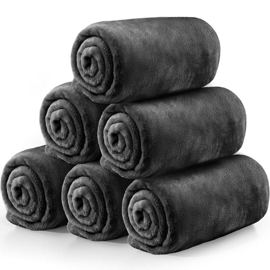 Tinideya 6 Pcs Flannel Fleece Throw Blanket Bulk 50 x 60 Inch Soft Fleece Blanket Warm Throw Blanket Coral Blankets for Couch Sofa Home Wedding Gifts Season (Dark Gray)