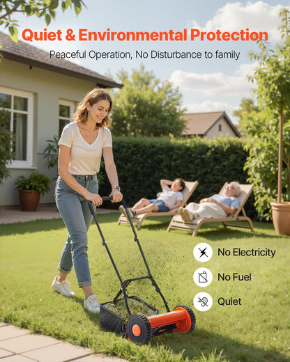 VEVOR Push Reel Lawn Mower 14 inch, 5 Blades Manual Push Mower No Motor, 0.6-1.75 in Adjustable Cutting Height, Walk-Behind Lawn Mowers with Grass Catcher Bag for Green Lawns, Driveways, Courtyards