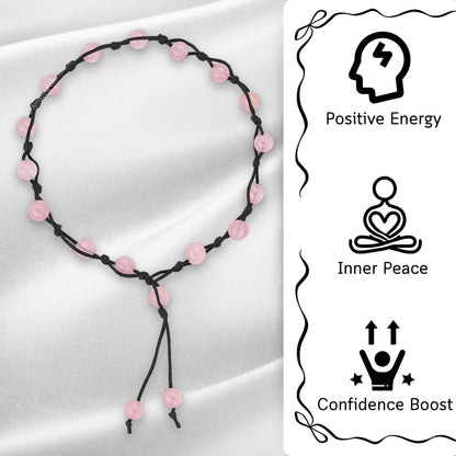 Amazing Gemstone Rose Quartz Anklet Ankle Bracelets for Women - Waterproof Beaded Healing Crystal Anklets, Plus Size Chakra Gemstone Bead Anklet (Stretchy Adjustable - Hand Knotted)
