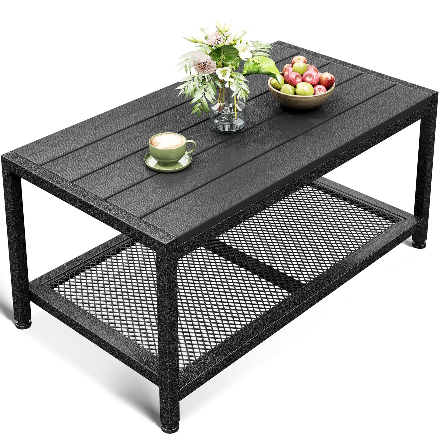 ODK Outdoor Coffee Table with Double-Layer Storage, Rectangle Weather-Resistant Patio Coffee Table for Garden, Balcony, Hot Tub, Poolside, Heavy-Duty Metal Frame, Black