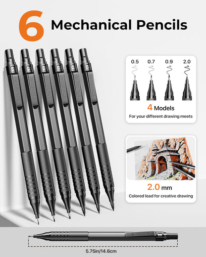 30PCS Black Metal Mechanical Pencil Set in Leather Case, 0.5/0.7/0.9/2.0mm Art Drafting Pencils with 16 Tubes Graphite Leads (6B 4B 2B HB 2H 4H) & Colored Refills for Sketching, Drawing, Writing