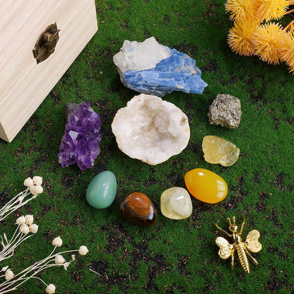 Runyangshi 9PCS Healing Crystals Set with Wooden Box -Amethyst Cluster/Clear Quartz Geode/Pyrite/Citrine/Aventurine/Yellow Agate/Tiger Eye Tumbled Stone for Prosperity & Wealth Meditation Energy Gift