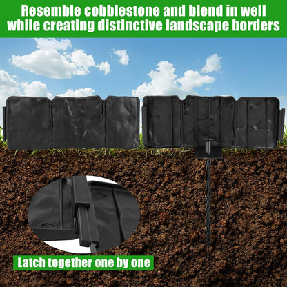Garden Edging Border NO DIG, with Landscape Edging Anchoring Spikes, Black Stone Effect Plastic Lawn Edging Fencing, Interlocking Yard Lawn Edging for Flower Bed | 32 Ft | 40Pcs | Black |