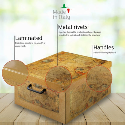 Lavatelli: Storage Box: Medium - Map - Lid & Side Handles, Decorative Cardboard Organizer, Stacks-Folds, Home-Clothes-Toys-Office, 16.5 x 12.6 x 8.3