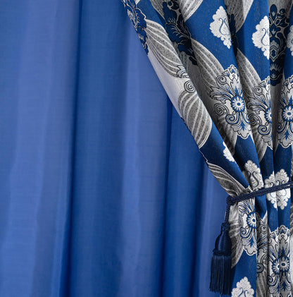 Petrichor Elegant Curtains with Gold Silver Threads 2 Panels Set - Luxury Window Treatment Attached Valance, Sheer Backing, and 2 Tie Backs for Bedroom and Living Room, 54x84 inches, Navy