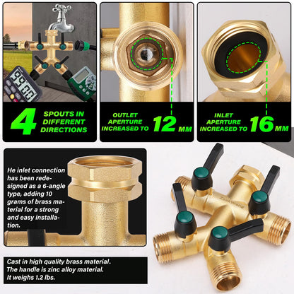 Garden Faucet Splitter, 4 Way Hose Splitter, Multi-Directional High Output Outdoor Splitter, 3/4" GHT Thickened Hex Inlet, Heavy Duty Solid Brass Spigot Adapter with Comfort Extension Handles
