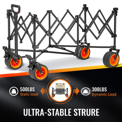 EchoSmile Collapsible Foldable Extended Wagon with 500Lbs Weight Capacity, 300L Folding Utility Wagon Cart with Big All-Terrain Wheels for Beach,Sport,Garden&Grocery (Black&Orange)