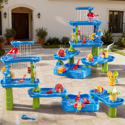 ZDRKWSM 3-Tier 4 Areas Water Table for Kids 3-5, Summer Outdoor Beach Sensory Activity Playset Kids Sand and Water Table Toys, Birthday Gifts for Boys and Girls 3 4 5 6 7 8