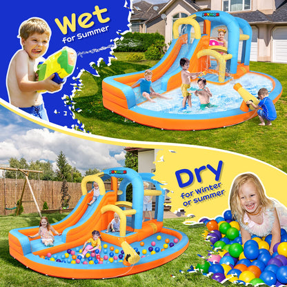 JOYMOR 5-in-1 Inflatable Water Slide Park, Water Bounce House w/Air Blower, Climbing Wall, Double Jump Area, Splash Pool, Water Cannon, Wet or Dry Combo Castle Outdoor Backyard Playhouse for Kids
